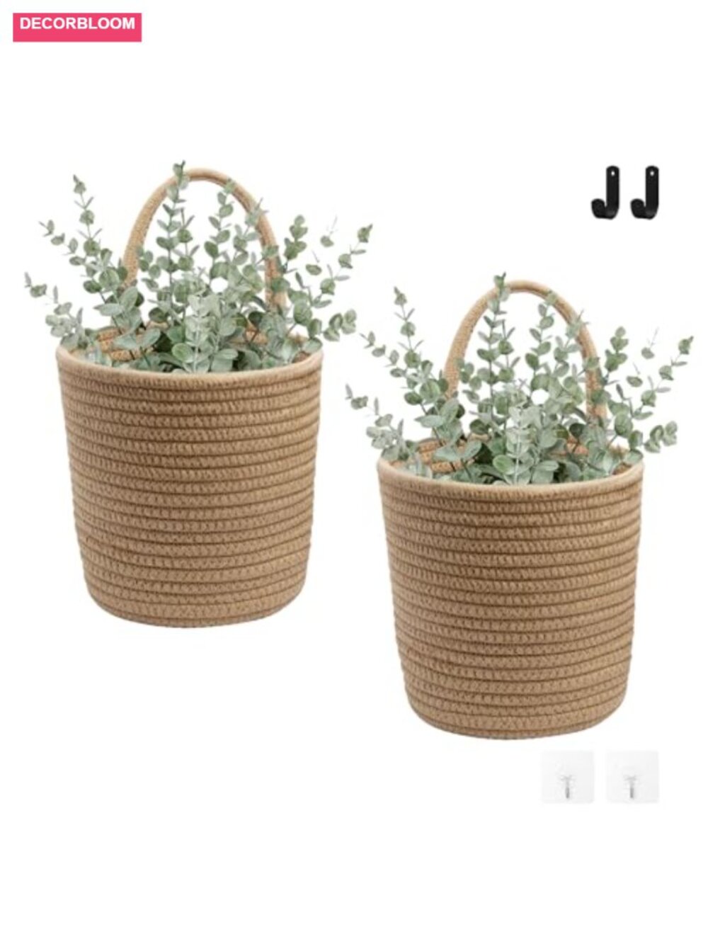 2-Pack Jute Hanging Baskets with Hooks, Boho Wall Decor Organizer for Kitchen,